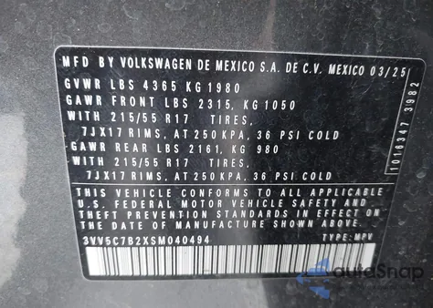 2025 Volkswagen Taos 1.5T S from USA, damaged, VIN 3VV5C7B2XSM040494